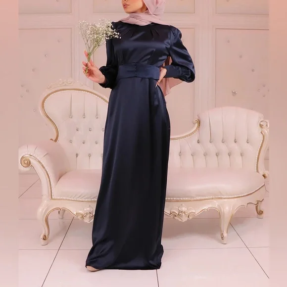 navy blue modest dresses Modest Muslim Women’s Glamor Mesh Overlay Formal Dress with Embellished Rhinestones main image 1